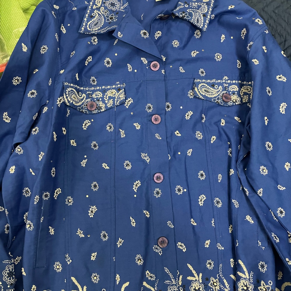 Quacker Factory Jacket Blue white paisley handkerchief style size 2x